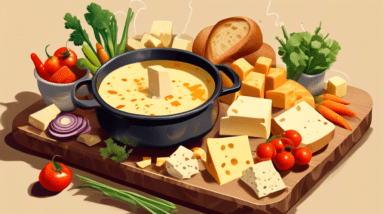 A pot of bubbling cheese fondue on a wooden board surrounded by bread cubes, vegetables, and friends dipping food.